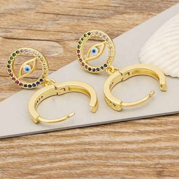 New Gold Evil Eye Hoop Dangle Earrings With Accent Stones, 18K gold plated - Picture 5 of 6
